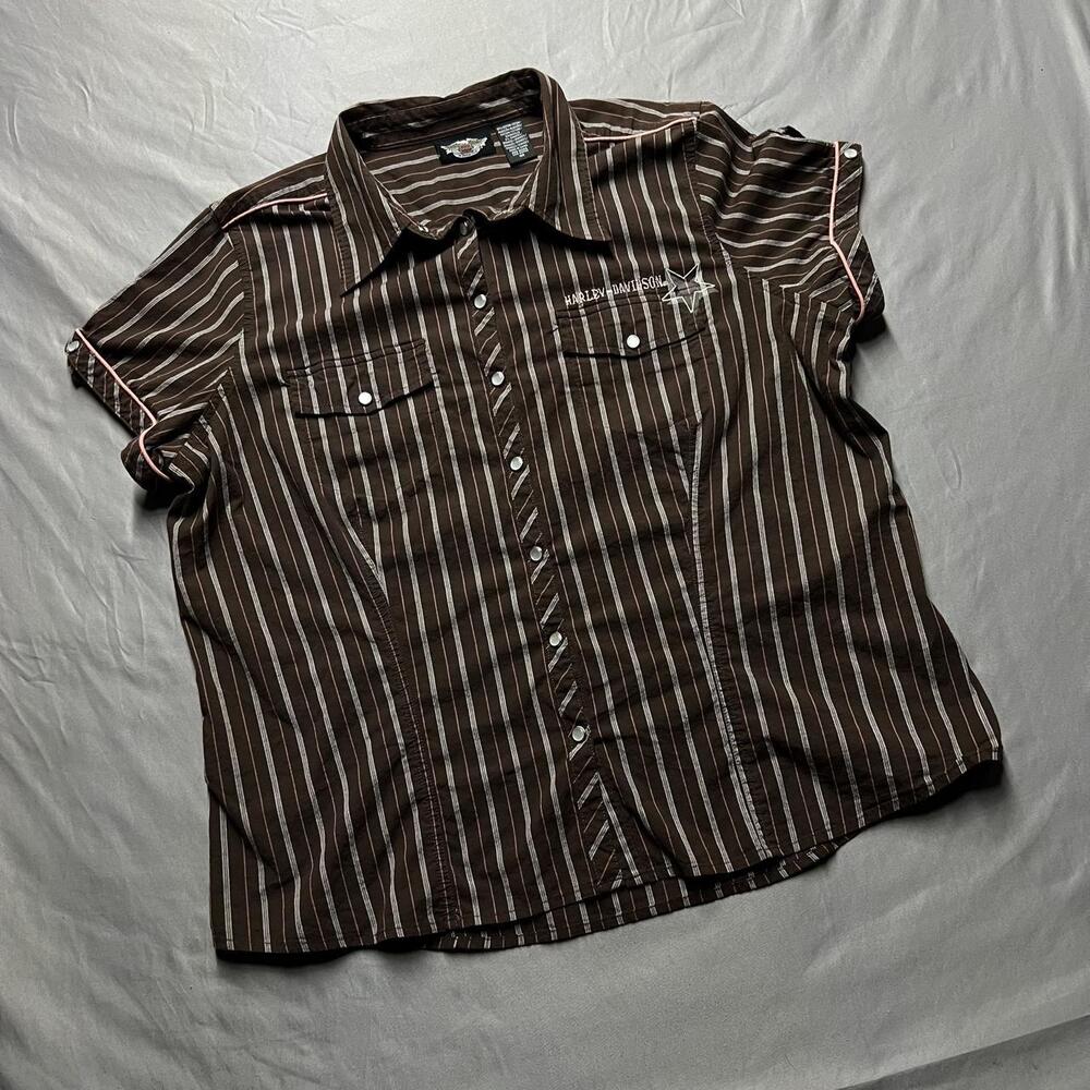 Harley Davidson Shirt 1W Brown Striped Western Snap Womens Y2K Western Star Top